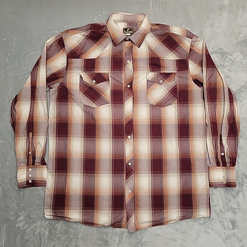 Wyoming Traders Pearl Snap Western Shirt Mens 2XL Tall Plaid Brown Cowboy Rodeo